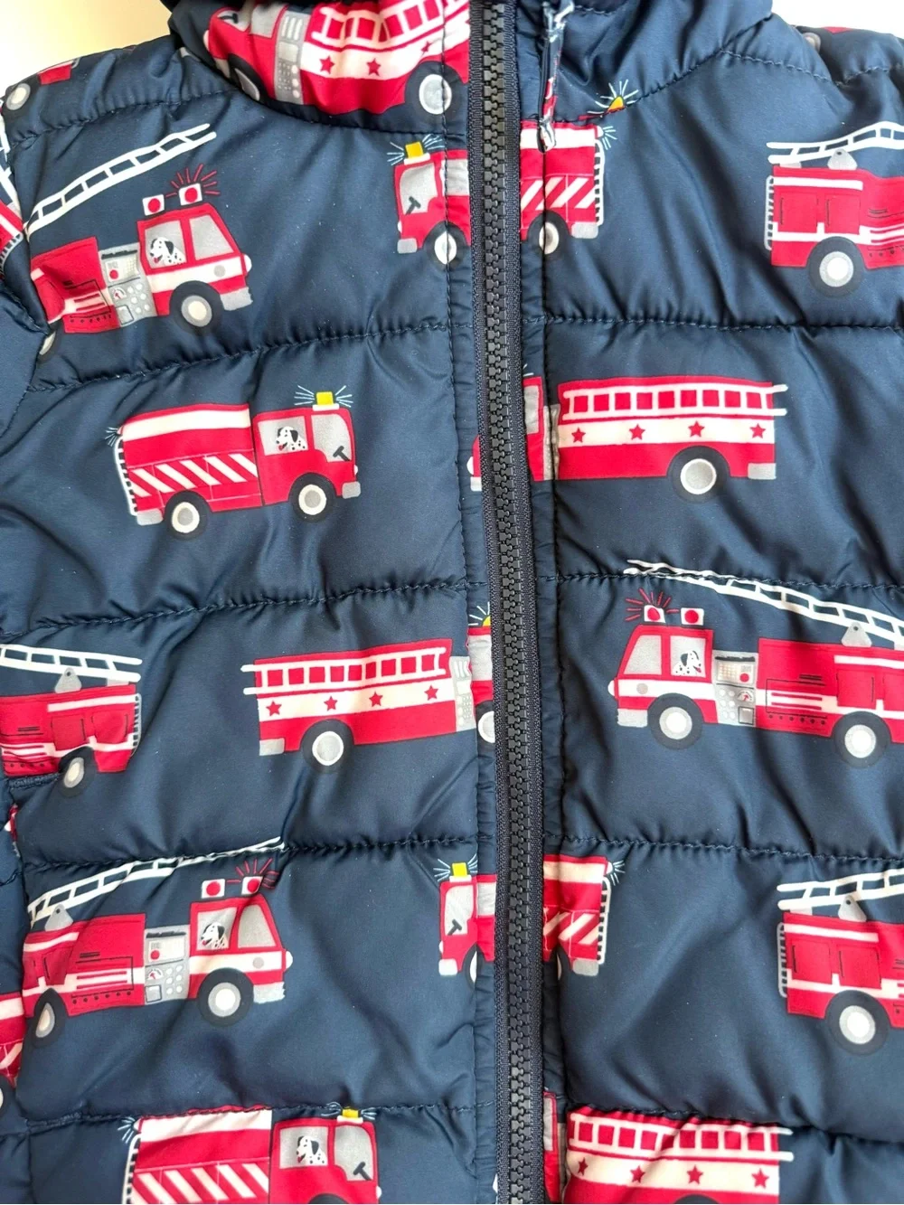 The Children’s Place Kids Navy Puffer Jacket with Red Fire Truck Print